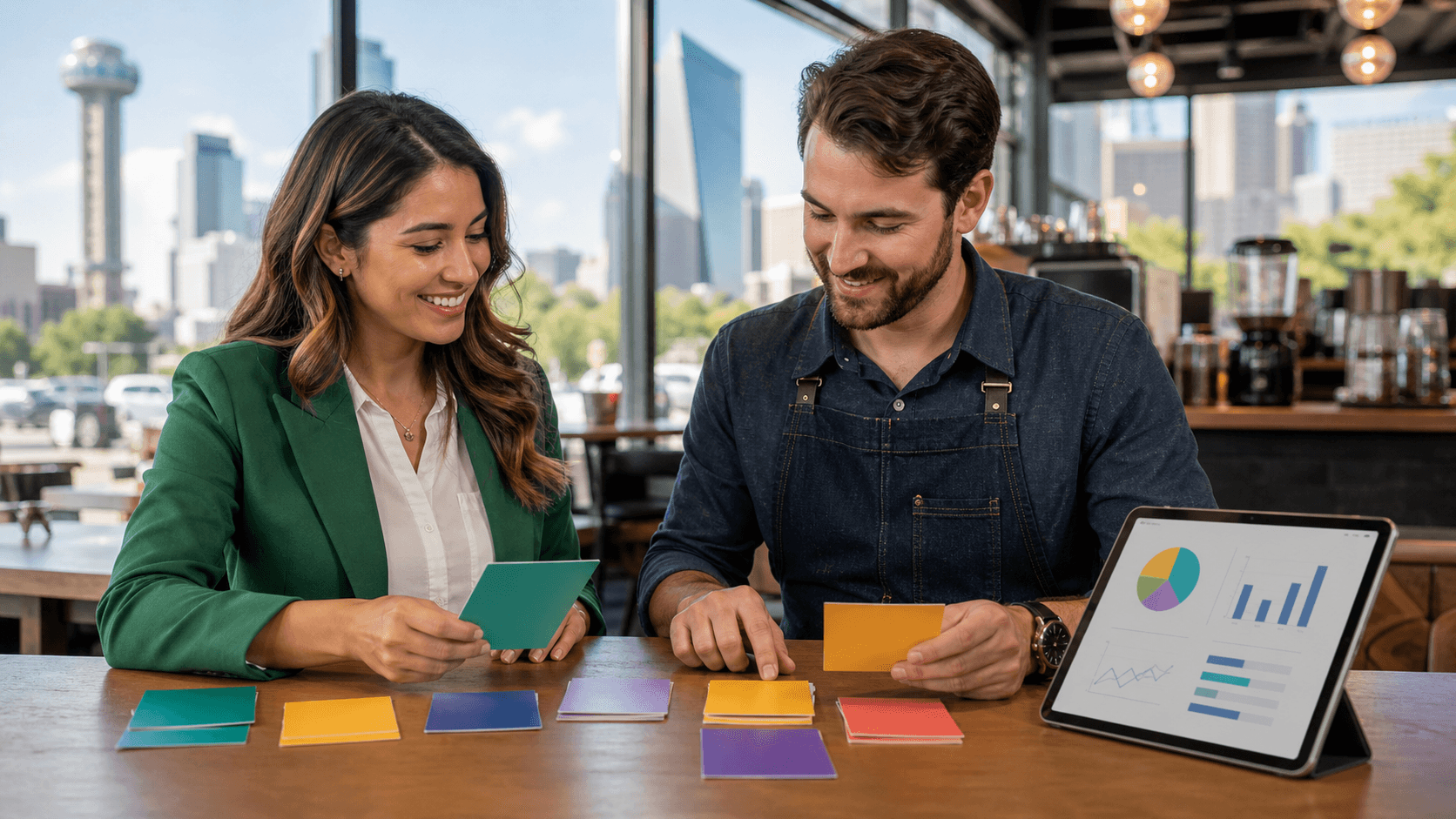 Colorful coupon sheets, charts, and a smartphone arranged on a desk with a Dallas skyline in the background.