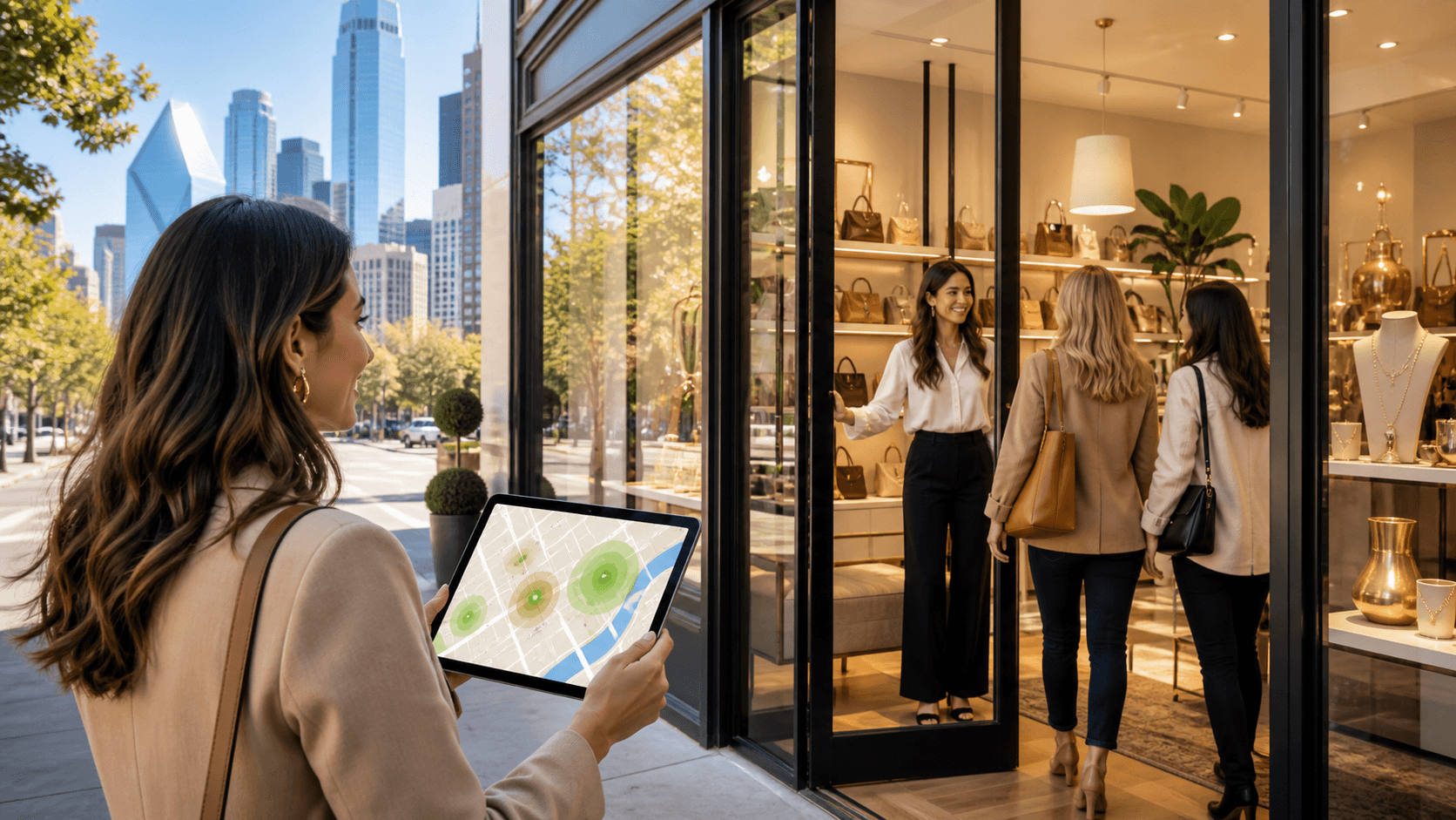 Glowing Dallas skyline above a smartphone map with colorful location pins and rising sales charts.