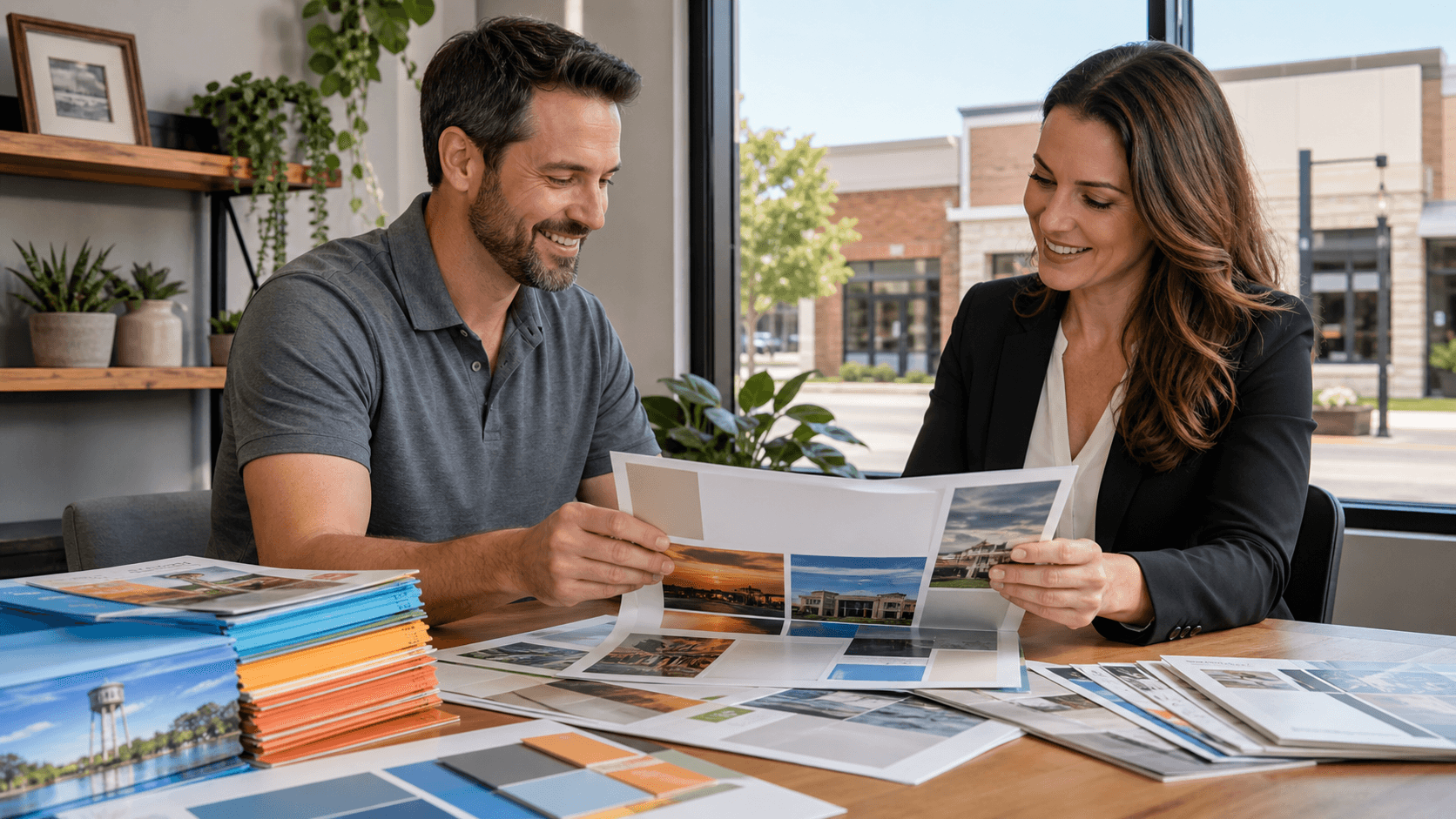 Sunlit desk with colorful print ads, a folded map, and Wylie storefronts in the background.