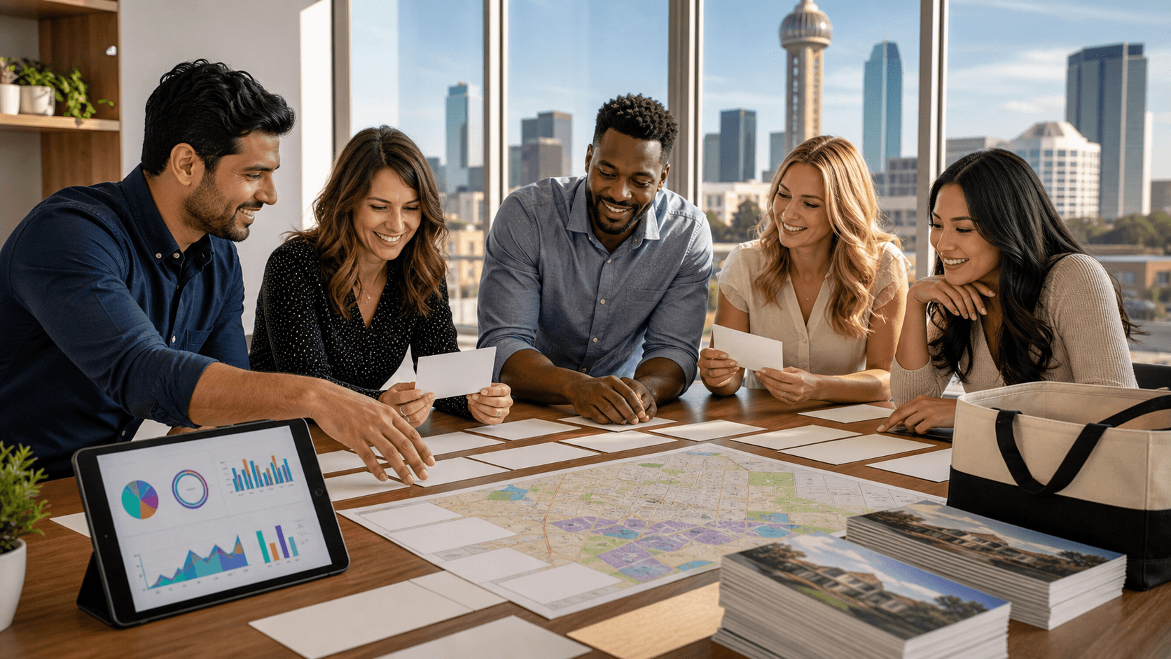 Dallas skyline above colorful coupon cards, mailers, and digital ad icons on a bright blue background