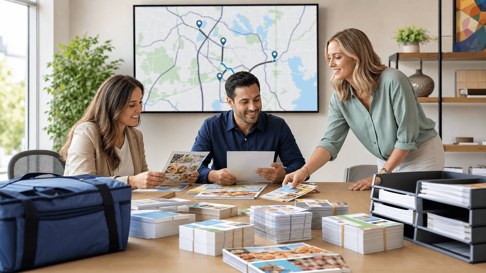 Colorful envelopes, coupon sheets, and a mail truck icon on a blue map background with tracking pins and route lines.