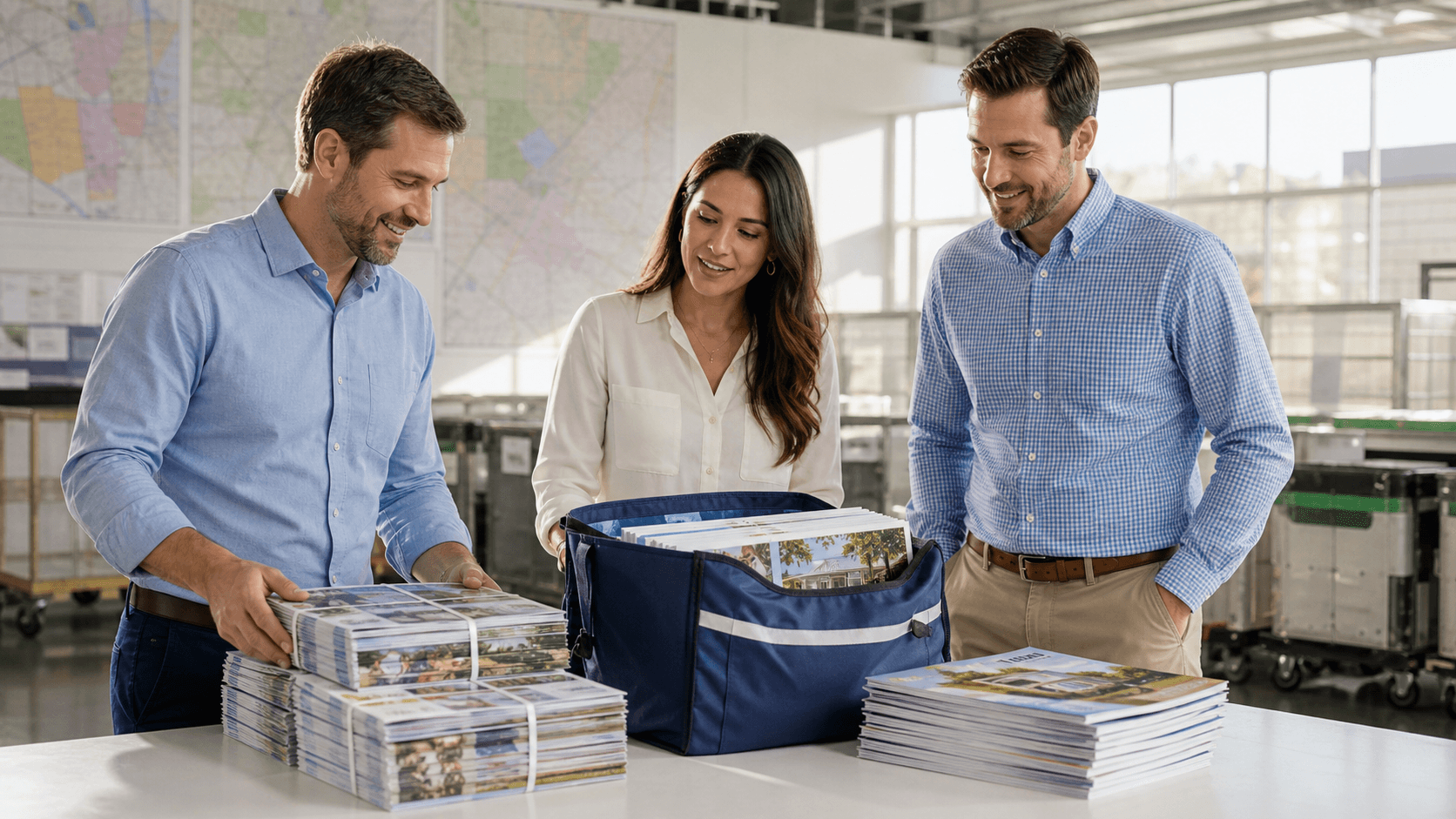 Colorful postcards and coupons over a Dallas map, with mail icons and magazine pages in a bright flat lay