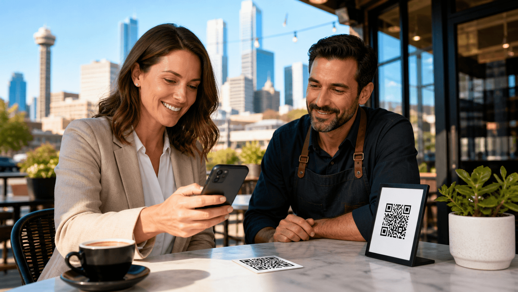 Smartphone scanning a black-and-white QR code beside colorful coupons against a glowing Dallas skyline.