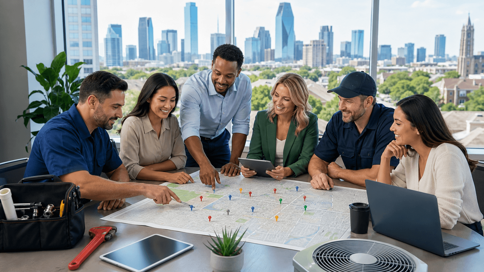 Dallas skyline at sunset with a glowing map pin, house icons, and blue digital advertising graphics.