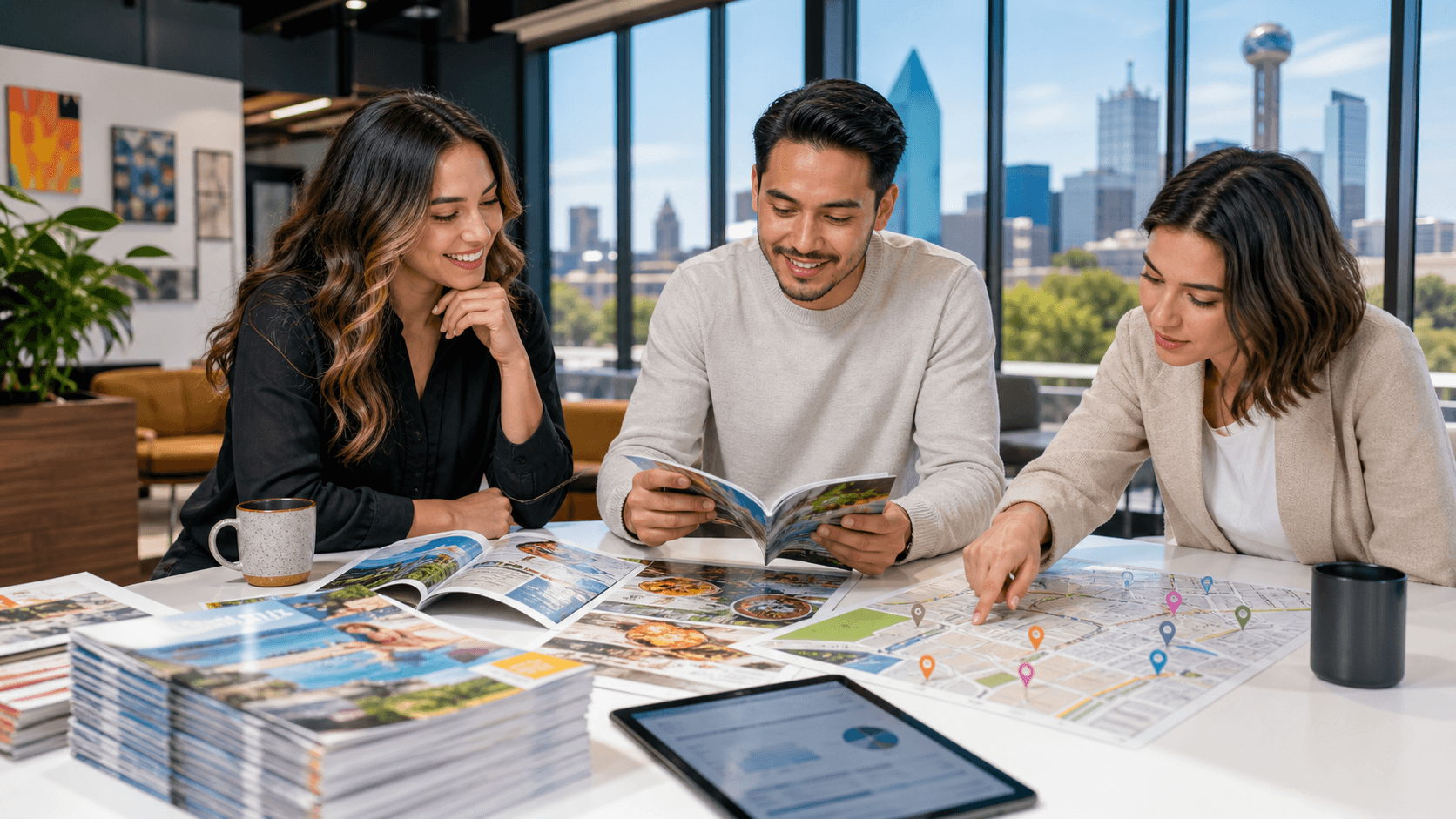 Stack of glossy magazines on a desk beside colorful coupon flyers, with a sunlit Dallas skyline in the background.