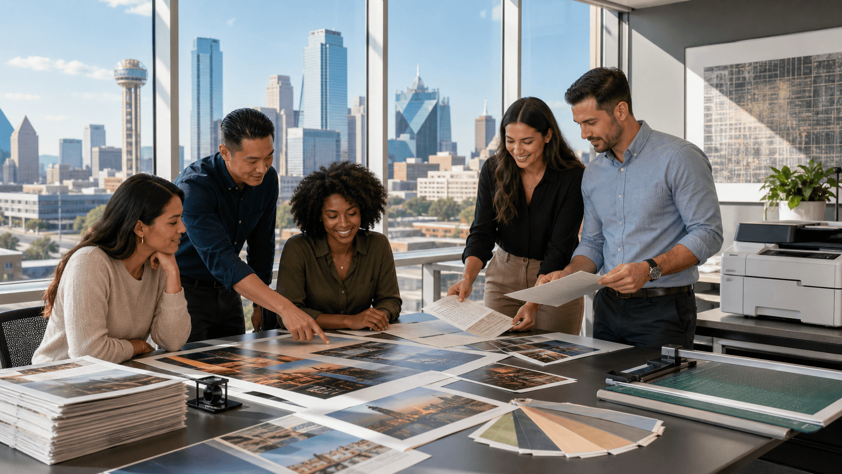 Sunlit newspaper pages and glossy print ads spread across a desk, with a blurred city skyline in the background