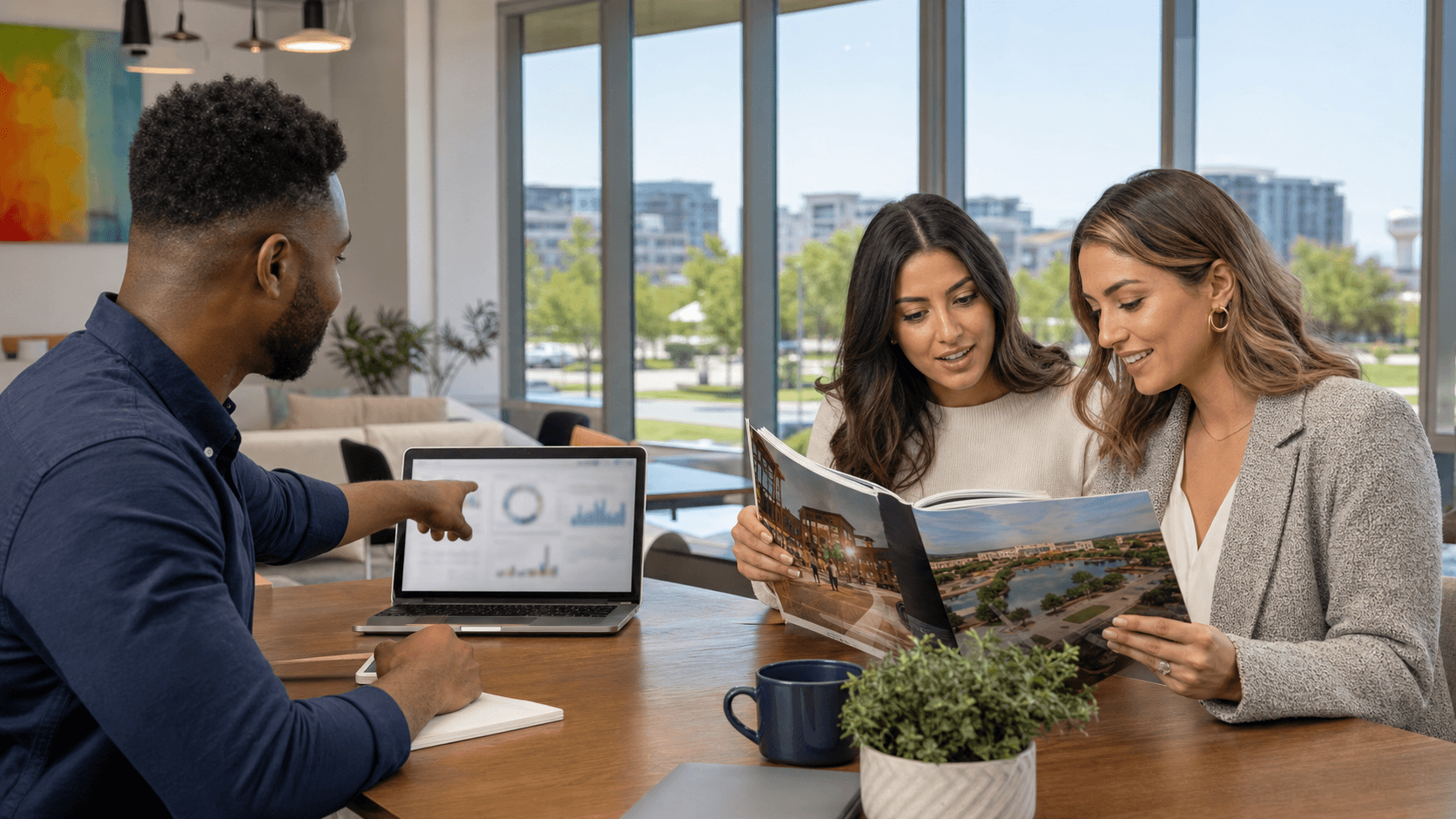 Open magazine on a desk beside a laptop showing a rising SEO graph, warm light and clean modern layout