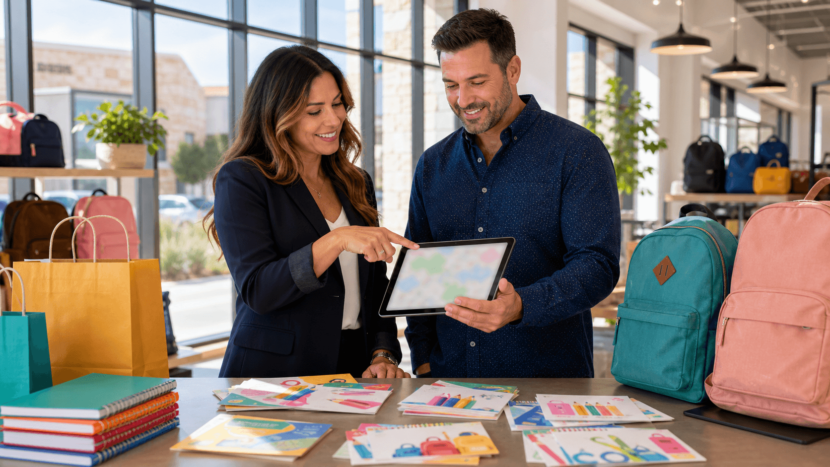 Colorful postcards and envelopes on a desk beside school supplies, with warm sunlight and a blurred city backdrop