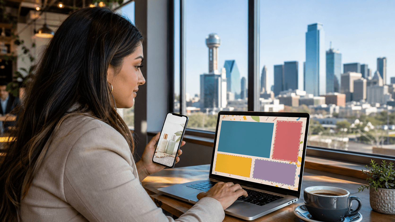 Dallas skyline behind a glowing laptop displaying a coupon, with blue retargeting ad icons floating overhead.