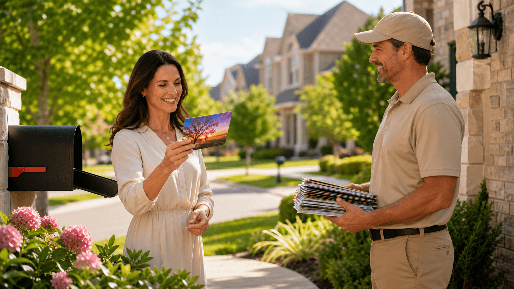 Sunlit suburban mailbox with colorful flyers and envelopes spilling out, blurred neighborhood houses in background